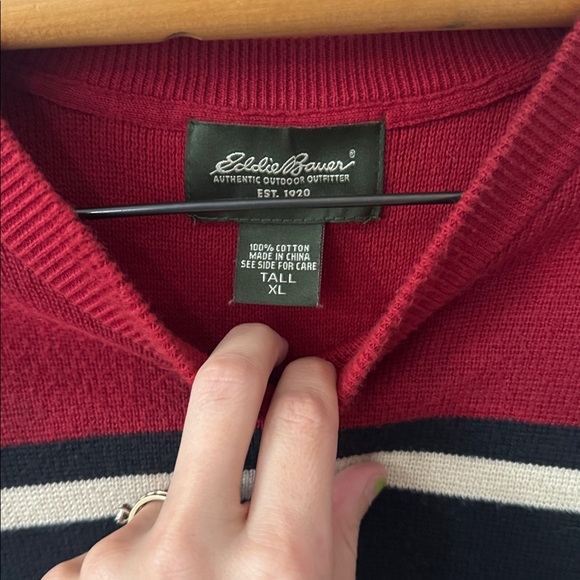 Eddie Bauer Men’s XL TALL Black Red Cream Color Block Dad Sweater 100% Cotton - Picture 2 of 7